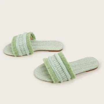 FRZTOUR Women's Raffia Sandals Straw Woven Flats Fringe Crochet Nonslip Comfy Beach Slides for Summer (7.5,Mint Green)