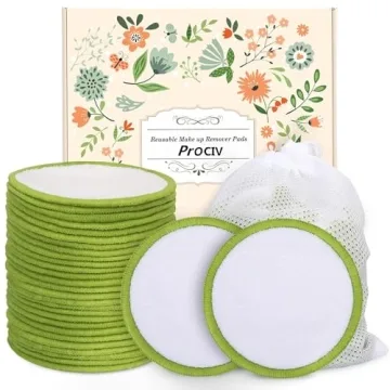 ProCIV Reusable Makeup Remover Pads - 20 Packs Washable Organic Bamboo Reusable Cotton Rounds for Al...