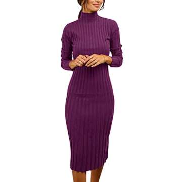 MEROKEETY Women's 2024 Ribbed Long Sleeve Sweater Dress High Neck Slim Fit Knitted Midi Dress Plum