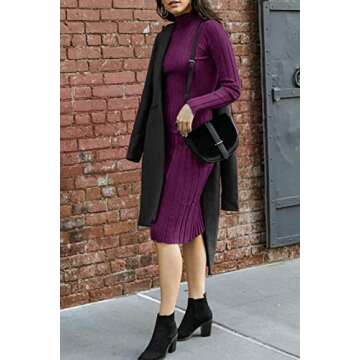 MEROKEETY Women's 2024 Ribbed Long Sleeve Sweater Dress High Neck Slim Fit Knitted Midi Dress Plum