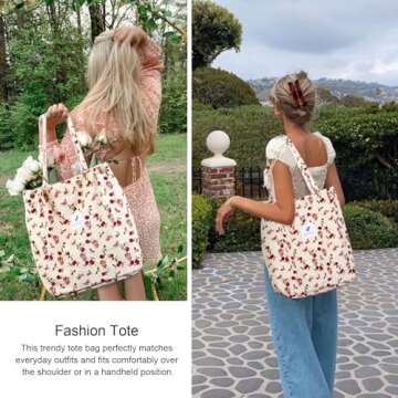 WOVOWOVO Corduroy Tote Bag for Women,Travel Reusable Grocery Shopping Shoulder Bag with Inner Pocket for Work Beach Travel and Shopping Grocery(Beige, Rose)