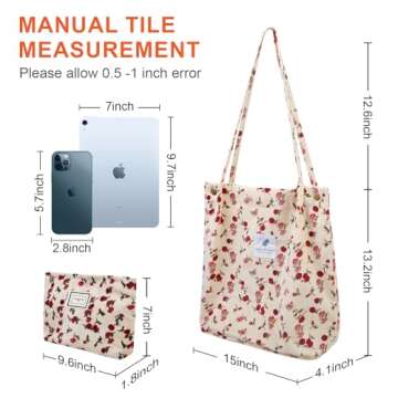 WOVOWOVO Corduroy Tote Bag for Women,Travel Reusable Grocery Shopping Shoulder Bag with Inner Pocket for Work Beach Travel and Shopping Grocery(Beige, Rose)