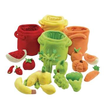 Excellerations Plush Fruits and Vegetable Sorting and Counting Toy for Toddlers, 20 Plush Sorting Pieces and Colored Bins, Early STEM Toddler Learning Toy