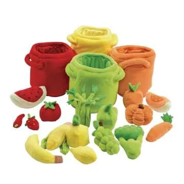 Excellerations Plush Fruits and Vegetable Sorting and Counting Toy for Toddlers, 20 Plush Sorting Pieces and Colored Bins, Early STEM Toddler Learning Toy