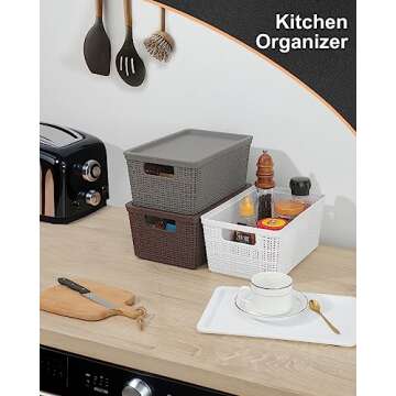 EOENVIVS Plastic Storage Baskets with Lids Lidded Storage Bins Pantry Organization and Storage Containers Organizer Bins for Shelves Drawers Desktop Closet Playroom Classroom Office,White