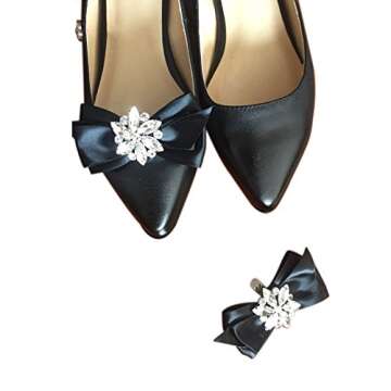 WINGOFFLY® Decorative Rhinestone Ribbon Bow Shoe Clip (Black) - Elegant Accessory