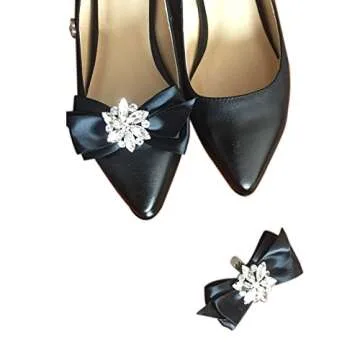WINGOFFLY® Decorative Rhinestone Ribbon Bow Shoe Clip (Black) - Elegant Accessory