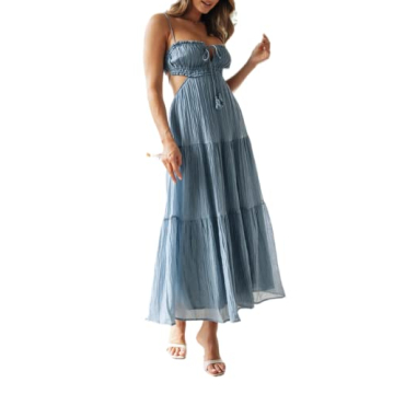 Leyajedol Women Y2k Bodycon Long Dress Spaghetti Strap Low Cut Dress Casual Backless Flowy Maxi Dress Sexy Clubwear Z-Blue