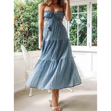 Leyajedol Women Y2k Bodycon Long Dress Spaghetti Strap Low Cut Dress Casual Backless Flowy Maxi Dress Sexy Clubwear Z-Blue
