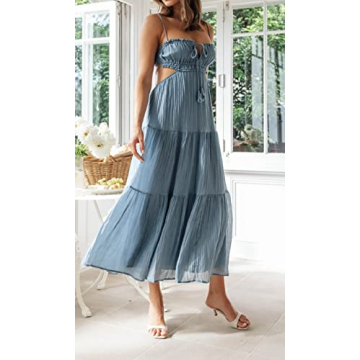 Leyajedol Women Y2k Bodycon Long Dress Spaghetti Strap Low Cut Dress Casual Backless Flowy Maxi Dress Sexy Clubwear Z-Blue