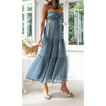 Leyajedol Women Y2k Bodycon Long Dress Spaghetti Strap Low Cut Dress Casual Backless Flowy Maxi Dress Sexy Clubwear Z-Blue