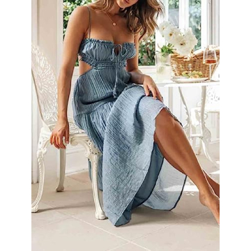 Leyajedol Women Y2k Bodycon Long Dress Spaghetti Strap Low Cut Dress Casual Backless Flowy Maxi Dress Sexy Clubwear Z-Blue