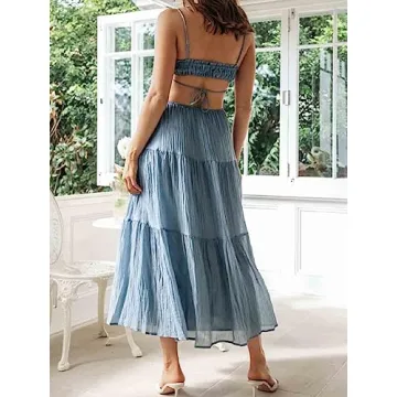 Leyajedol Women Y2k Bodycon Long Dress Spaghetti Strap Low Cut Dress Casual Backless Flowy Maxi Dress Sexy Clubwear Z-Blue