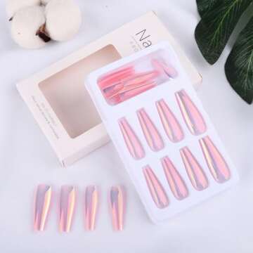 Chrome Press on Nails Long Square Fake Nails Ballerina Mirror Pink Purple Coffin False Nails Hologra...