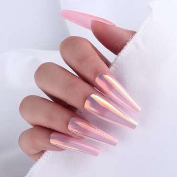 Chrome Press on Nails Long Square Fake Nails Ballerina Mirror Pink Purple Coffin False Nails Holographic Purple Pink Glue on Nails Metallic Laser Acrylic Nails for Women 3D Nail Art