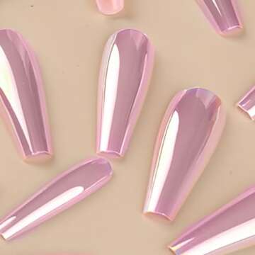 Chrome Press on Nails Long Square Fake Nails Ballerina Mirror Pink Purple Coffin False Nails Holographic Purple Pink Glue on Nails Metallic Laser Acrylic Nails for Women 3D Nail Art