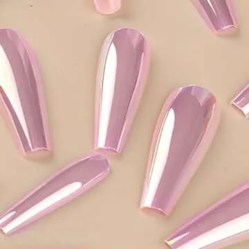 Chrome Press on Nails Long Square Fake Nails Ballerina Mirror Pink Purple Coffin False Nails Holographic Purple Pink Glue on Nails Metallic Laser Acrylic Nails for Women 3D Nail Art