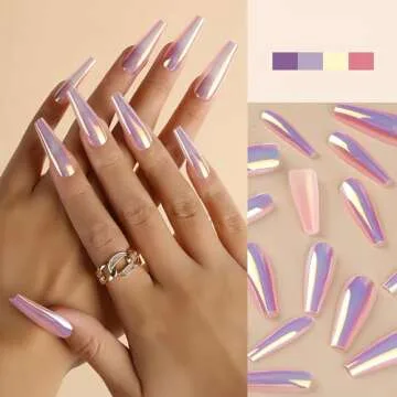 Chrome Press on Nails Long Square Fake Nails Ballerina Mirror Pink Purple Coffin False Nails Holographic Purple Pink Glue on Nails Metallic Laser Acrylic Nails for Women 3D Nail Art
