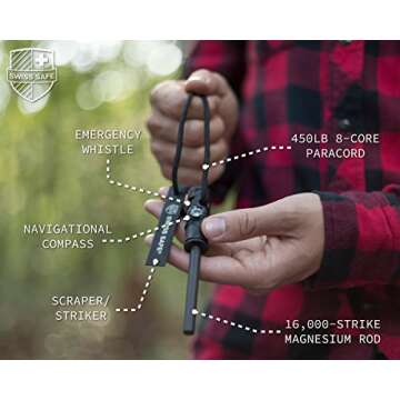 Swiss Safe 5-in-1 Magnesium Ferro Rod Fire Starter Survival Tool - Flint & Steel Striker, Compass, Paracord & Whistle - Emergency Kit for Backpacking, Camping, Hiking - All-Weather - Blue, 2-Pack