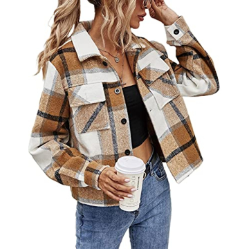 Yeokou Women's Chic Cropped Flannel Plaid Shacket - Cozy Wool Blend