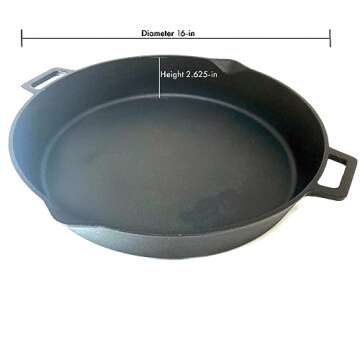Bayou Classic 7439 16-in Cast Iron Double-Handled Skillet w/Pour Spouts Features Large Loop Handles Perfect For Breakfast Roast Pan Frying Sautéing and Baking