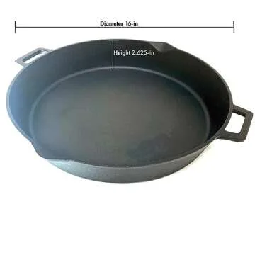 Bayou Classic 7439 16-in Cast Iron Double-Handled Skillet w/Pour Spouts Features Large Loop Handles Perfect For Breakfast Roast Pan Frying Sautéing and Baking