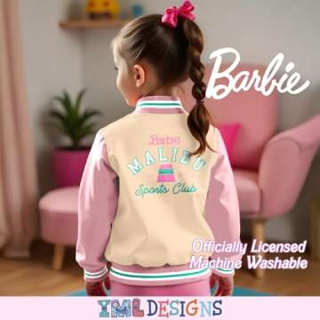 Barbie Girls Bomber Jacket, Zip-Up Bomber Jacket for Girls, Girl Power Outerwear, Varsity Jacket for Girls