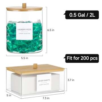 Glass Jars and Acrylic Dryer Sheet Holder, Laundry Pods Container with Bamboo Lid and 27 Labels, Powder Detergent Containers for Laundry Room Organization, Storage Jars Set (3 Pack)