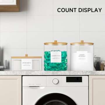 Glass Jars and Acrylic Dryer Sheet Holder, Laundry Pods Container with Bamboo Lid and 27 Labels, Powder Detergent Containers for Laundry Room Organization, Storage Jars Set (3 Pack)