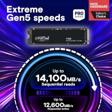Crucial T705 4TB PCIe Gen5 NVMe M.2 SSD - Up to 14,100 MB/s - Game Ready - Internal Solid State Drive (PC) - +1mo Adobe CC - CT4000T705SSD3