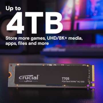 Crucial T705 4TB PCIe Gen5 NVMe M.2 SSD - Up to 14,100 MB/s - Game Ready - Internal Solid State Drive (PC) - +1mo Adobe CC - CT4000T705SSD3