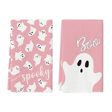 Artoid Mode Pink Ghost Spooky Halloween Kitchen Towels Dish Towels, 18x26 Inch Boo Decoration Hand T...