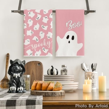 Artoid Mode Pink Ghost Spooky Halloween Kitchen Towels Dish Towels, 18x26 Inch Boo Decoration Hand Towels Set of 2