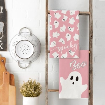 Artoid Mode Pink Ghost Spooky Halloween Kitchen Towels Dish Towels, 18x26 Inch Boo Decoration Hand Towels Set of 2