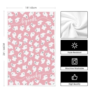 Artoid Mode Pink Ghost Spooky Halloween Kitchen Towels Dish Towels, 18x26 Inch Boo Decoration Hand Towels Set of 2
