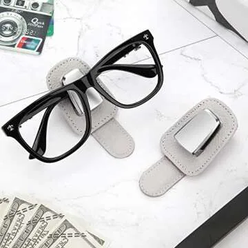 Mudder 2 Packs Sunglasses Holder for Car Universal Visor Sunglasses Holder Clip Leather Eyeglasses Hanger and Ticket Card Clip Eyeglasses Mount for Car(Gray)