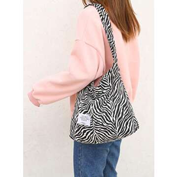 Covelin Women's Retro Large Size Canvas Shoulder Bag Hobo Crossbody Handbag Casual Tote Zebra White