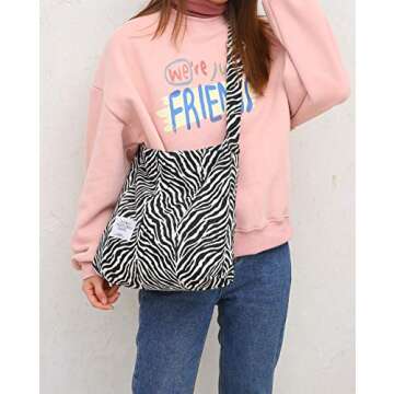 Covelin Women's Retro Large Size Canvas Shoulder Bag Hobo Crossbody Handbag Casual Tote Zebra White