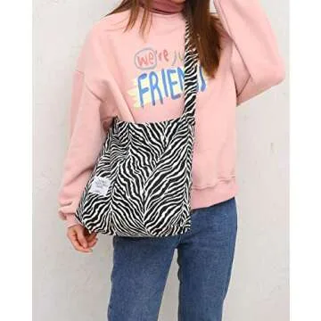 Covelin Women's Retro Large Size Canvas Shoulder Bag Hobo Crossbody Handbag Casual Tote Zebra White
