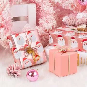 WRAPAHOLIC Reversible Christmas Wrapping Paper - Mini Roll - 17 Inch X 33 Feet - Santa Claus and Solid Rose Cold Design with Metallic Foil Shine for Chrsitmas, Holiday, Party Celebration