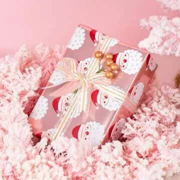 WRAPAHOLIC Reversible Christmas Wrapping Paper - Mini Roll - 17 Inch X 33 Feet - Santa Claus and Solid Rose Cold Design with Metallic Foil Shine for Chrsitmas, Holiday, Party Celebration