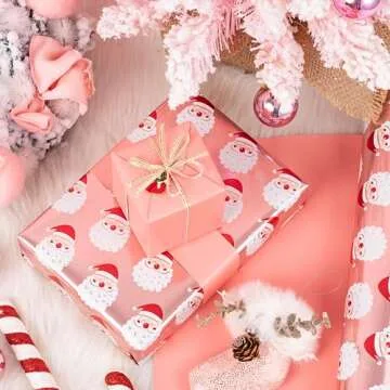 WRAPAHOLIC Reversible Christmas Wrapping Paper - Mini Roll - 17 Inch X 33 Feet - Santa Claus and Solid Rose Cold Design with Metallic Foil Shine for Chrsitmas, Holiday, Party Celebration