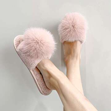 HIPRETTYUS Women Slippers with Real Fox Fur Ball - Cozy, Open Toe Slide Sandals for Home and Outdoor...