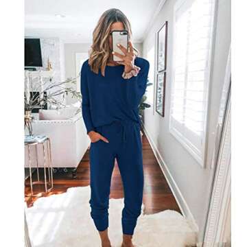 PRETTYGARDEN Women's Fall 2 Piece Lounge Outfit Long Sleeve Crewneck Pullover Tops High Waisted Pants Set Tracksuit (Dark Blue,Small)