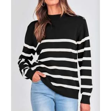 KIRUNDO Women's 2025 Fall Winter Long Sleeve Knit Sweater Turtleneck Striped Loose Pullover Tops Deco with Metal Buttons(Medium, Black)