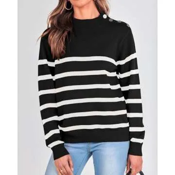 KIRUNDO Women's 2025 Fall Winter Long Sleeve Knit Sweater Turtleneck Striped Loose Pullover Tops Deco with Metal Buttons(Medium, Black)