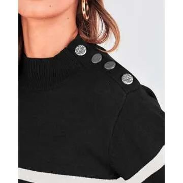 KIRUNDO Women's 2025 Fall Winter Long Sleeve Knit Sweater Turtleneck Striped Loose Pullover Tops Deco with Metal Buttons(Medium, Black)