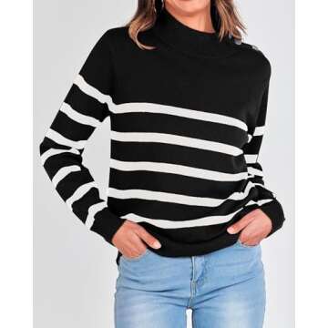 KIRUNDO Women's 2025 Fall Winter Long Sleeve Knit Sweater Turtleneck Striped Loose Pullover Tops Deco with Metal Buttons(Medium, Black)