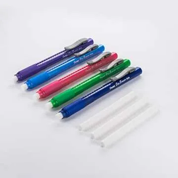 Pentel Clic Eraser - Retractable Eraser with Pen Style Grip - Pack of 5 Assorted Colors with 3 Refil...