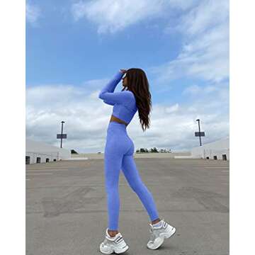 OYS Women's Workout 2 Piece Outfits Seamless High Waist Yoga Leggings Running Sports Long Sleeve Gym Sets Blue